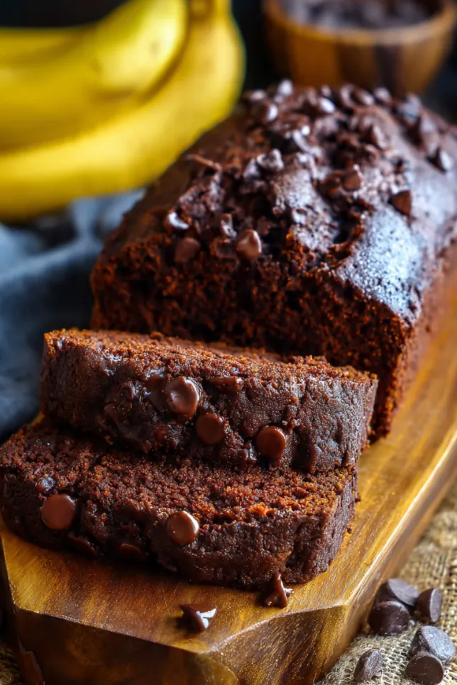 Homemade healthy chocolate banana cake made with whole wheat flour, ripe bananas, and dark chocolate chips on rustic wooden cake stand