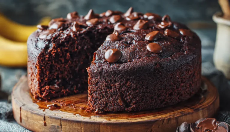 Homemade healthy chocolate banana cake made with whole wheat flour, ripe bananas, and dark chocolate chips on rustic wooden cake stand