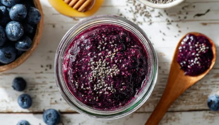 Easy 3-ingredient blueberry chia seed jam made with fresh blueberries, chia seeds, and honey. No refined sugar, ready in 15 minutes with natural thickening.