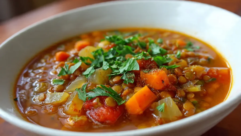 Hearty vegetarian lentil soup with carrots and celery in a ceramic bowl