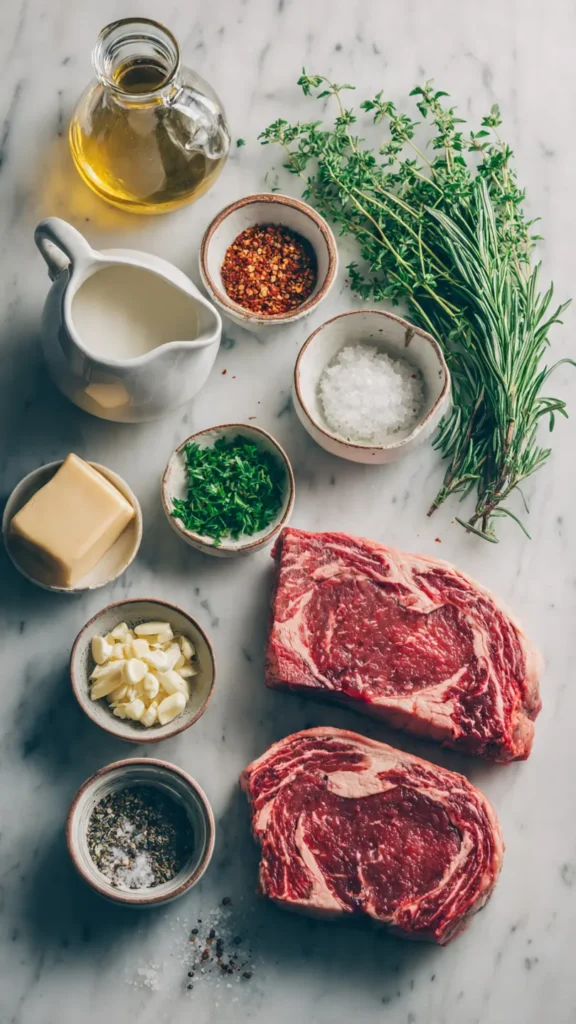 Ingredients for herb butter steak including ribeye, fresh herbs, garlic, butter, and cream laid out on marble