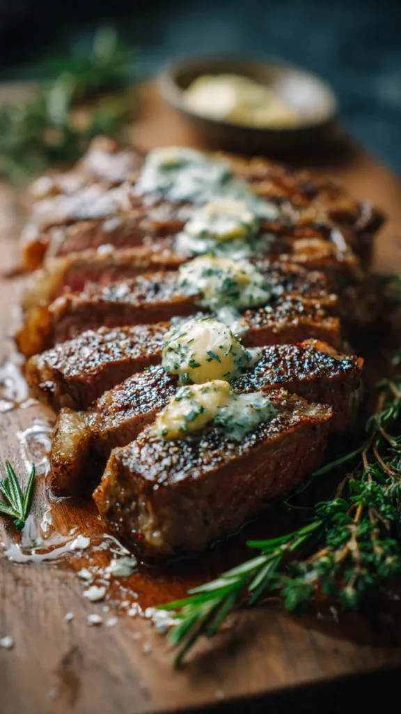 Herb butter steak with creamy garlic sauce on a dark wooden board with fresh herbs