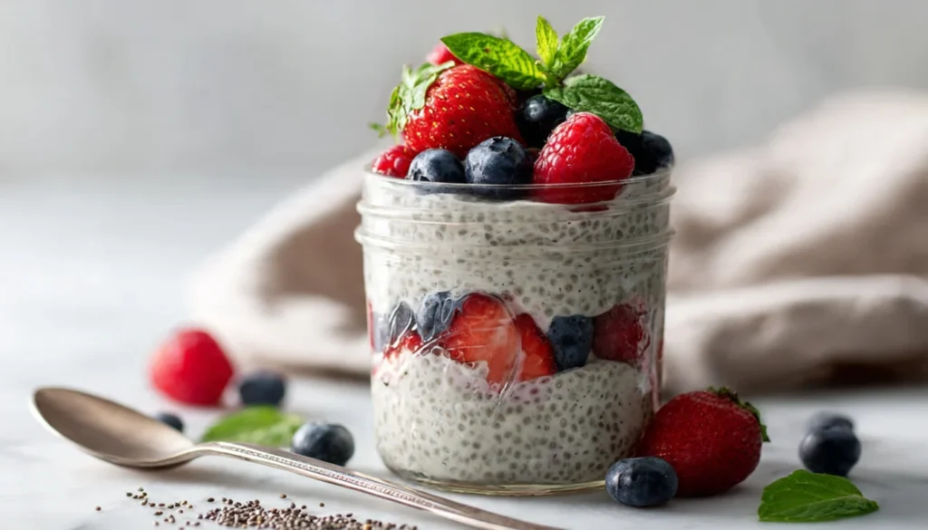 Protein chia pudding in glass jar topped with fresh berries and almonds on white marble counter