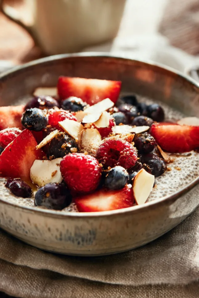 Protein chia pudding in glass jar topped with fresh berries and almonds on white marble counter