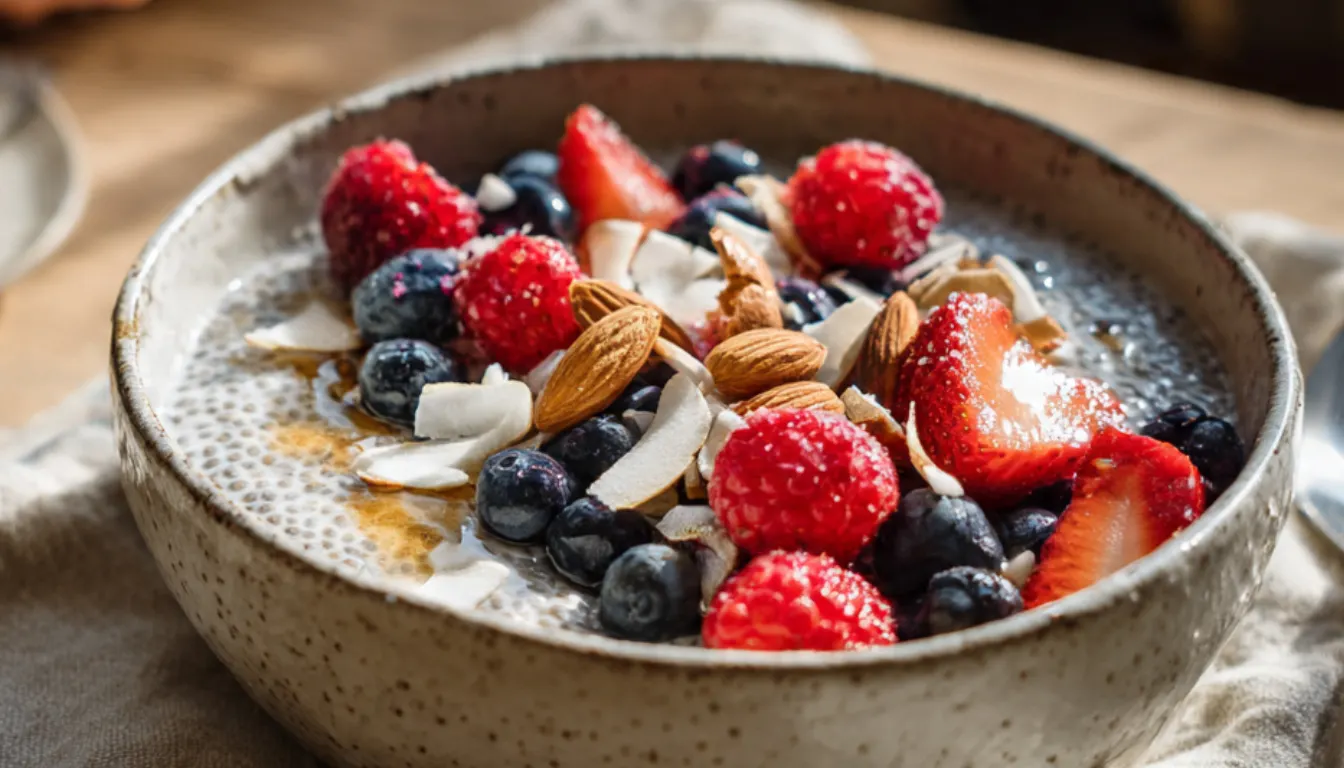 Protein chia pudding in glass jar topped with fresh berries and almonds on white marble counter