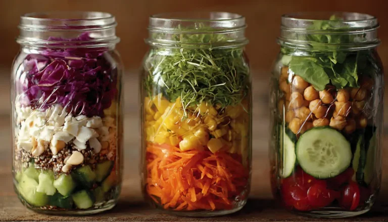 High-protein mason jar salad with visible layers of Greek yogurt dressing, cherry tomatoes, cucumber, grilled chicken, chickpeas, and fresh greens in a clear glass jar