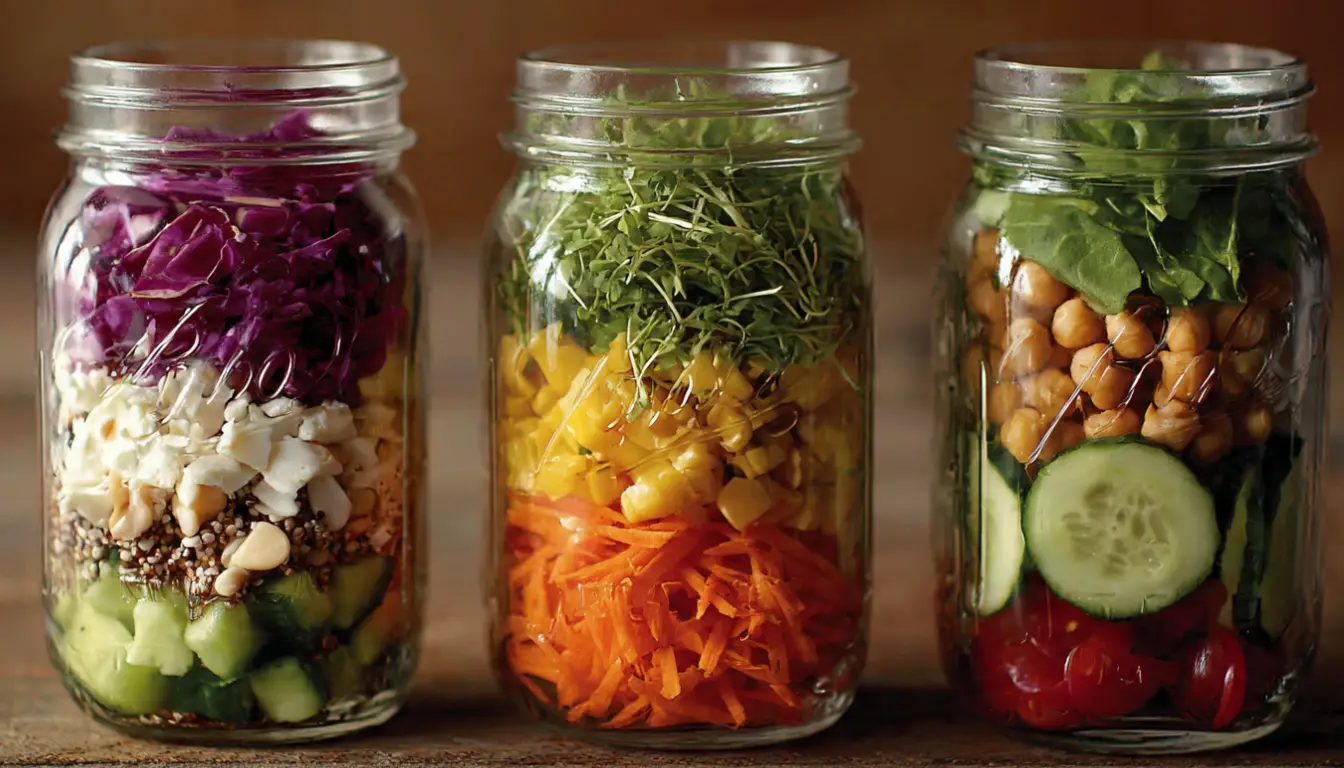 High-protein mason jar salad with visible layers of Greek yogurt dressing, cherry tomatoes, cucumber, grilled chicken, chickpeas, and fresh greens in a clear glass jar