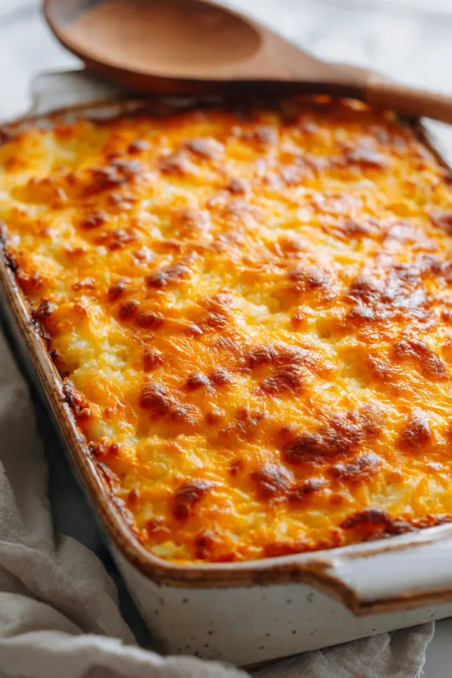 Golden brown hobo hash brown casserole with melted cheese in ceramic baking dish on marble counter