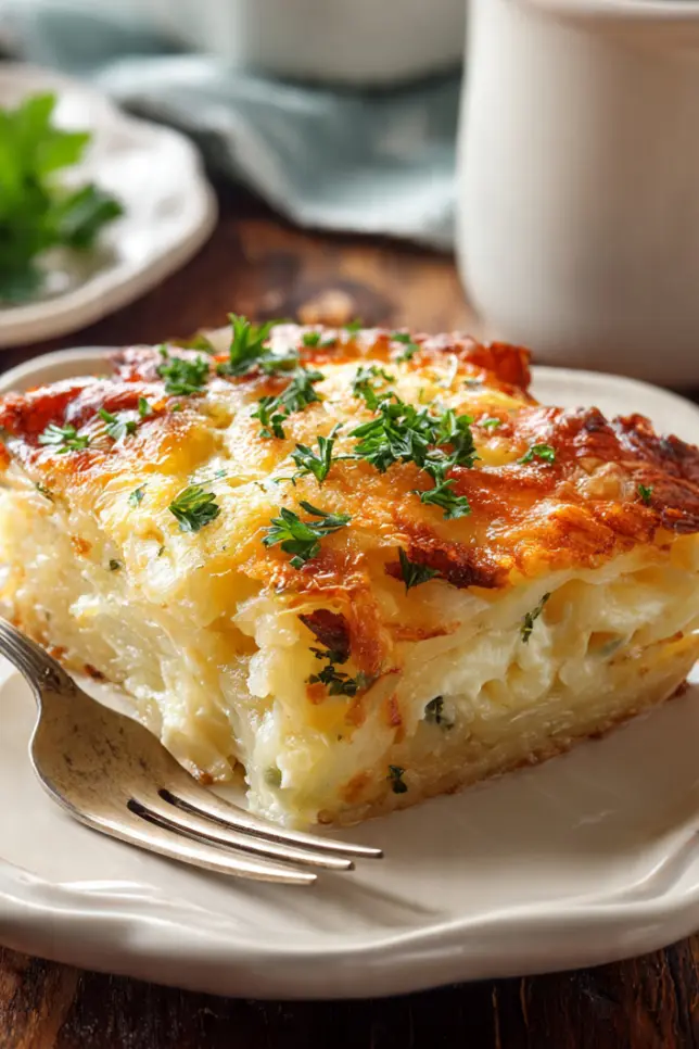 Golden brown hobo hash brown casserole with melted cheese in ceramic baking dish on marble counter