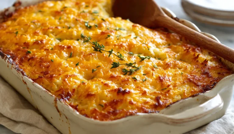 Golden brown hobo hash brown casserole with melted cheese in ceramic baking dish on marble counter