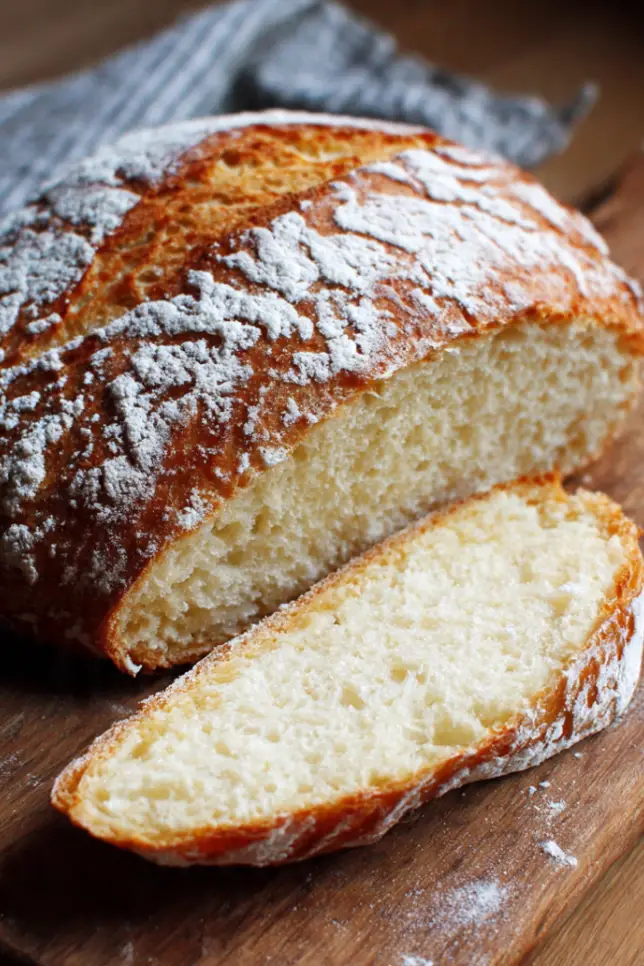 Freshly baked rustic artisan bread loaf with golden-brown crusty exterior and soft interior crumb, sliced on wooden cutting board