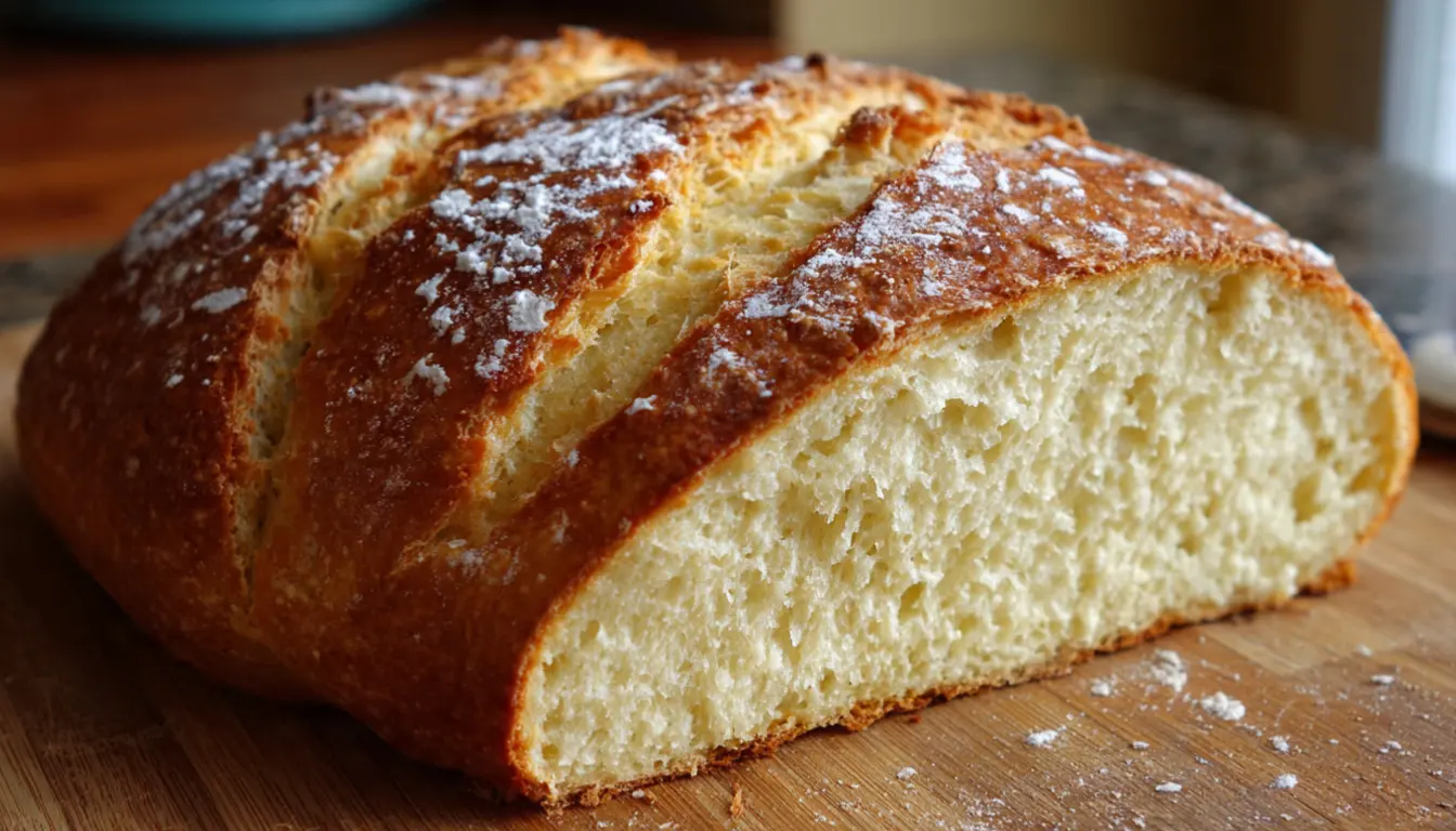 Freshly baked rustic artisan bread loaf with golden-brown crusty exterior and soft interior crumb, sliced on wooden cutting board