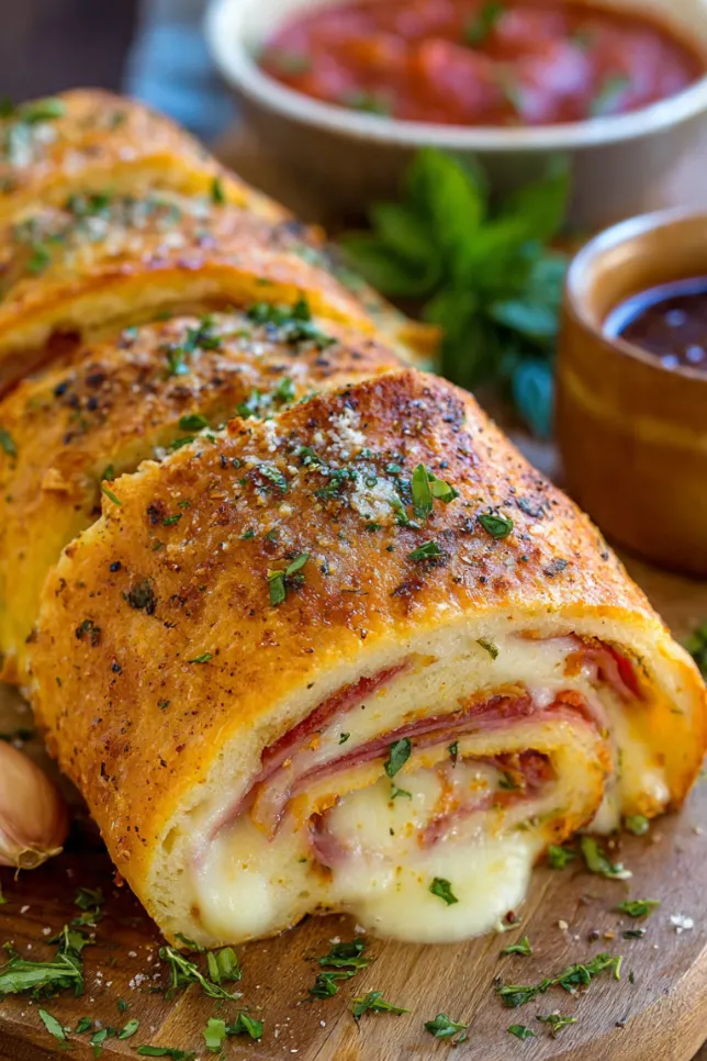 Golden baked stromboli sliced on wooden board showing layers of melted cheese, salami, ham and peppers
