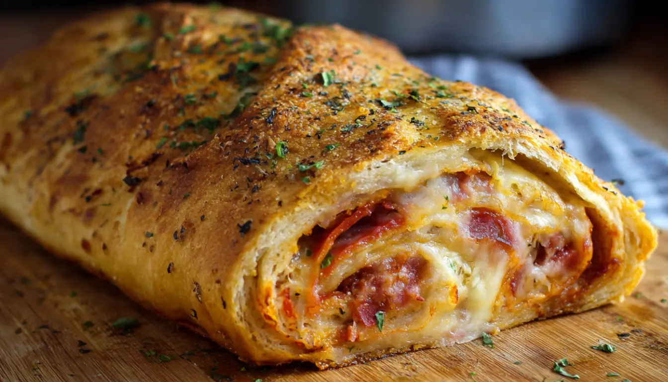 Golden baked stromboli sliced on wooden board showing layers of melted cheese, salami, ham and peppers