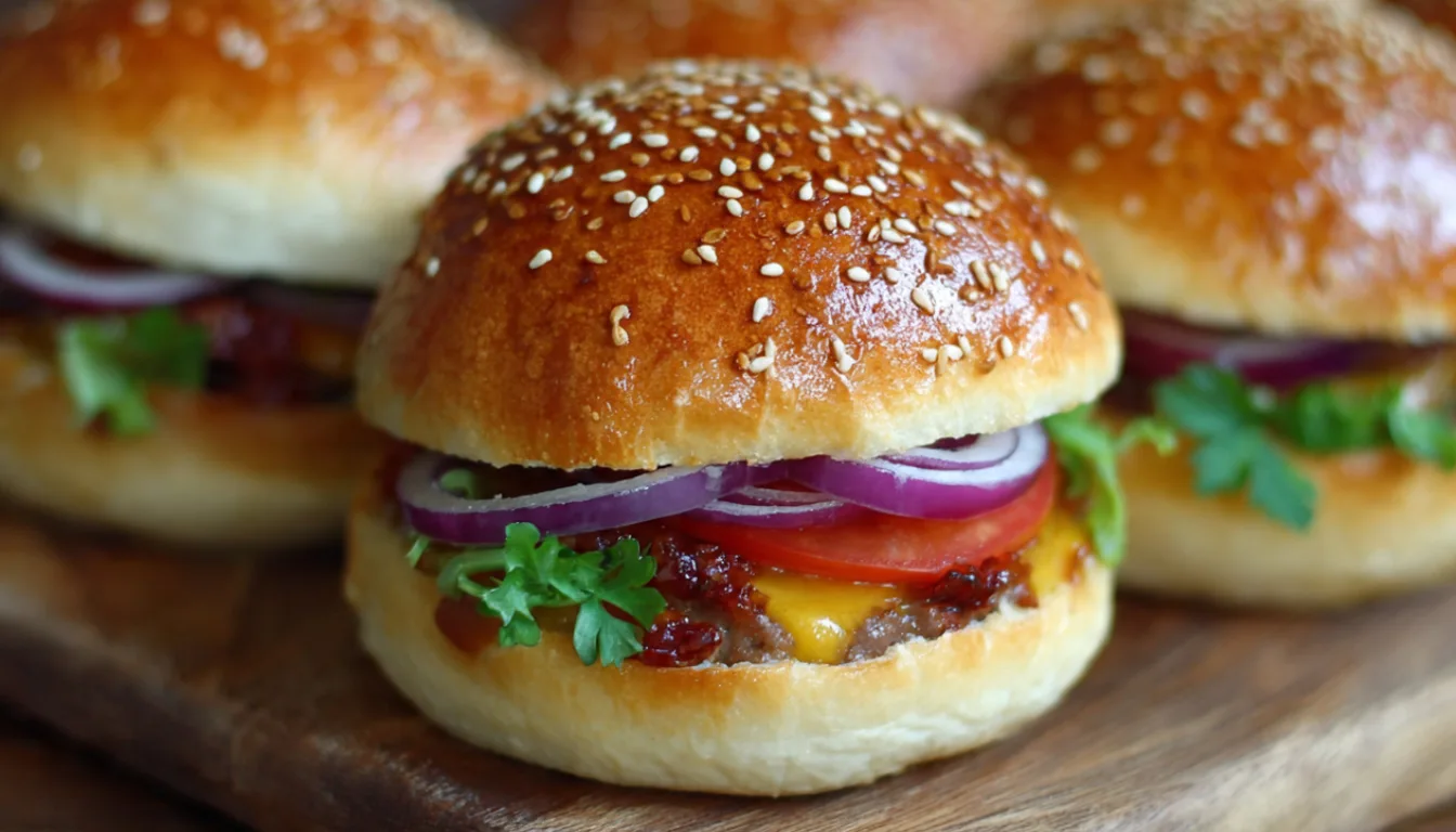 Stack of golden homemade burger buns with sesame seeds on wooden cutting board
