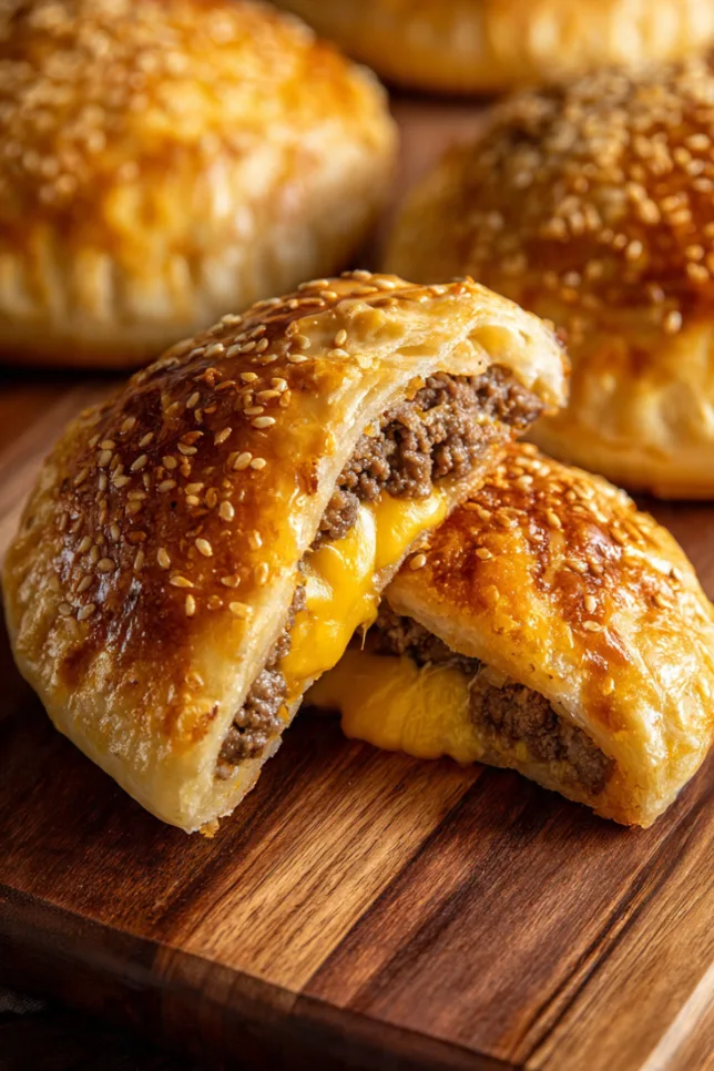 Golden-brown cheeseburger pockets with sesame seeds on top, one cut open showing melted cheese and beef filling