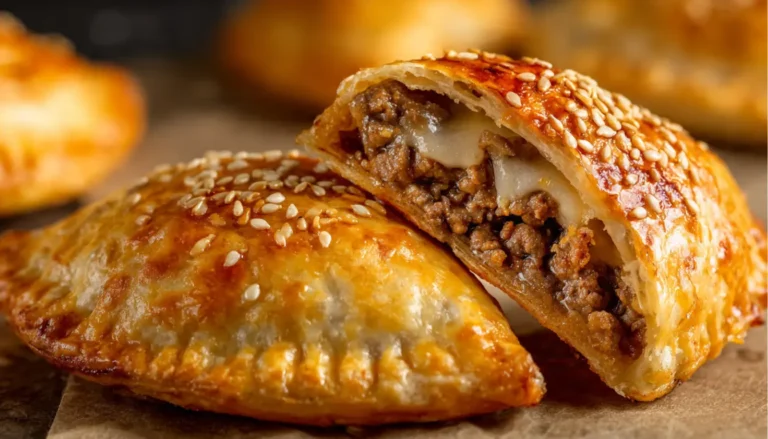 Golden-brown cheeseburger pockets with sesame seeds on top, one cut open showing melted cheese and beef filling