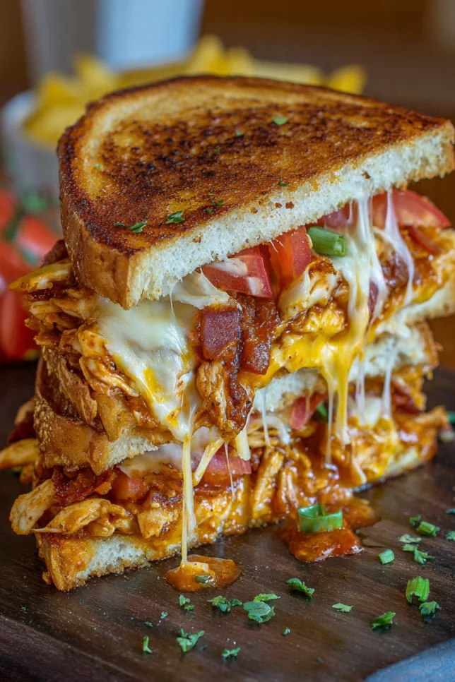 Chicken BBQ Pizza Sandwich cut in half showing melted mozzarella cheese and BBQ chicken filling on toasted ciabatta bun