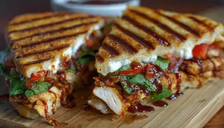 Chicken BBQ Pizza Sandwich cut in half showing melted mozzarella cheese and BBQ chicken filling on toasted ciabatta bun