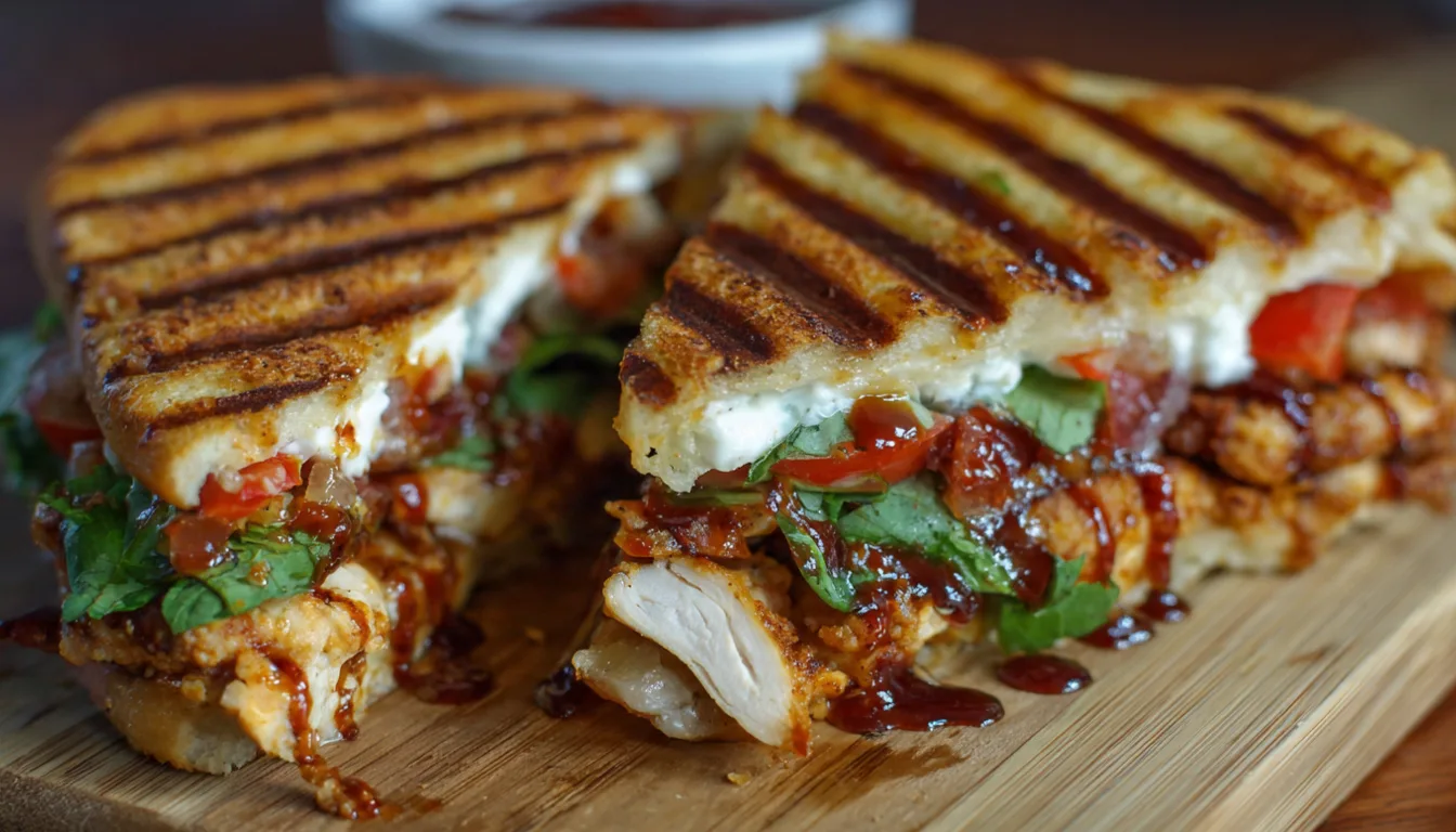 Chicken BBQ Pizza Sandwich cut in half showing melted mozzarella cheese and BBQ chicken filling on toasted ciabatta bun