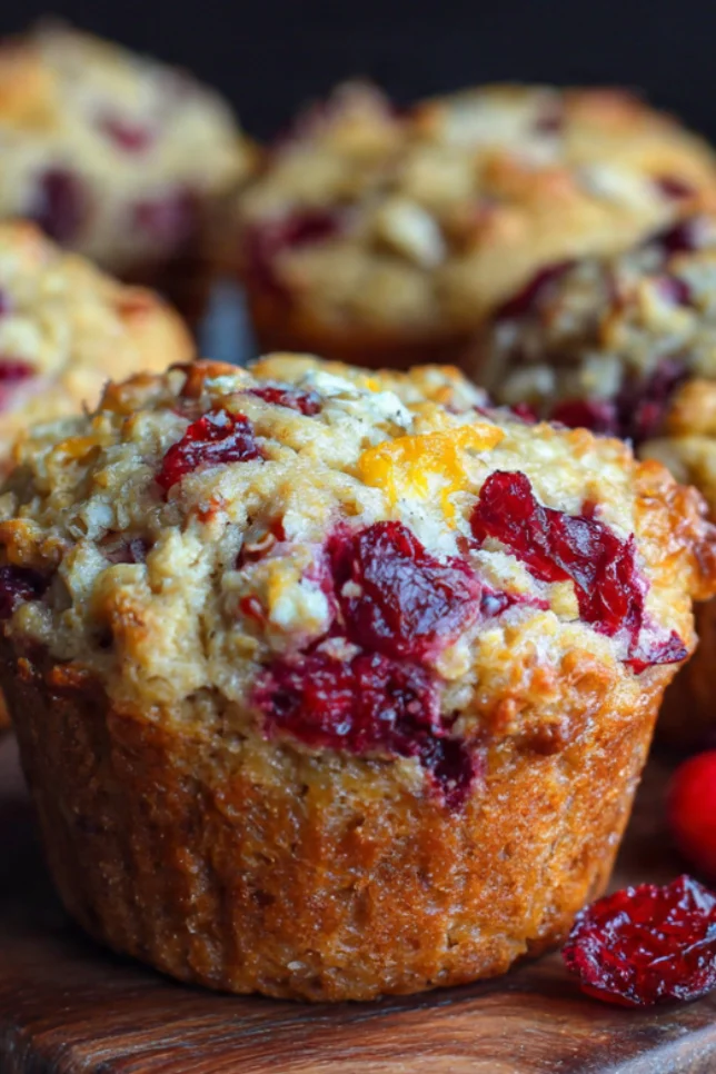 Golden brown cranberry orange breakfast muffins on white plate with fresh cranberries