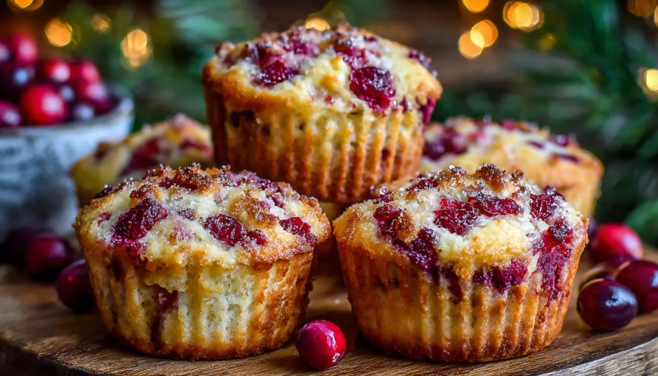 Golden brown cranberry orange breakfast muffins on white plate with fresh cranberries