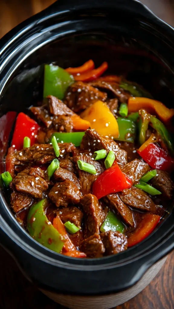 Delicious slow cooker pepper steak featuring tender beef, bell peppers, and savory Asian-inspired sauce served over fluffy rice