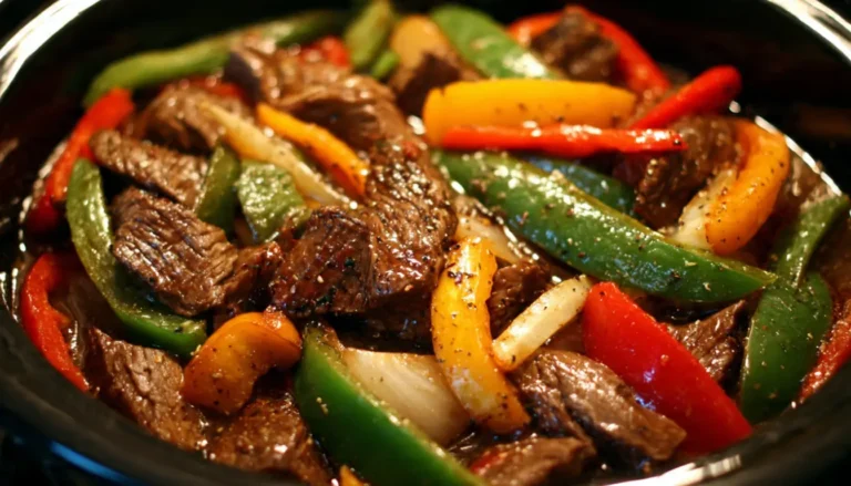 Delicious slow cooker pepper steak featuring tender beef, bell peppers, and savory Asian-inspired sauce served over fluffy rice
