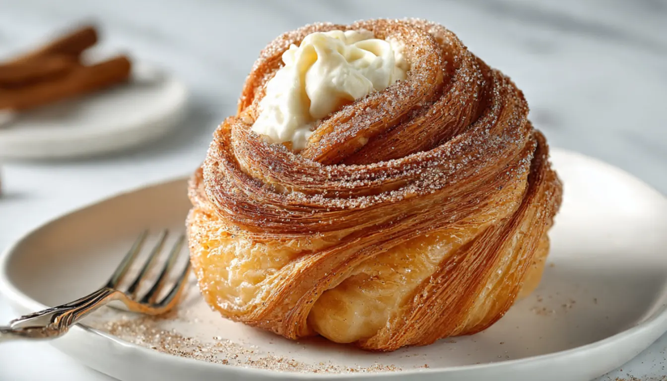Golden flaky cruffin with cinnamon sugar coating and pastry cream filling on white plate with natural light