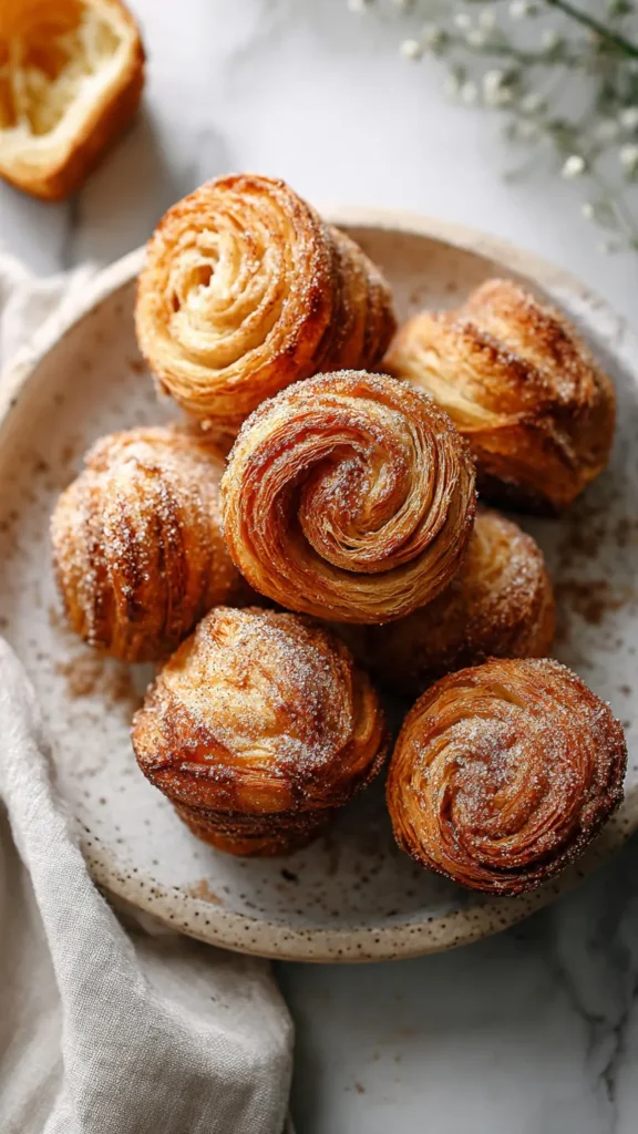 Freshly baked homemade cruffins with golden layers dusted with cinnamon sugar on a white plate