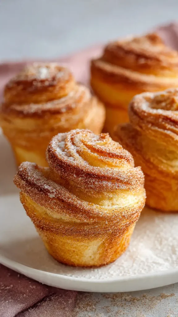 Freshly baked homemade cruffins with golden layers dusted with cinnamon sugar on a white plate