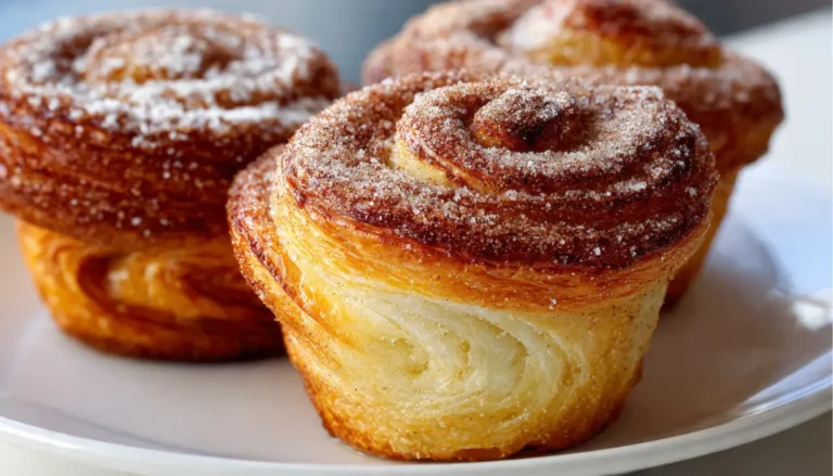 Freshly baked homemade cruffins with golden layers dusted with cinnamon sugar on a white plate