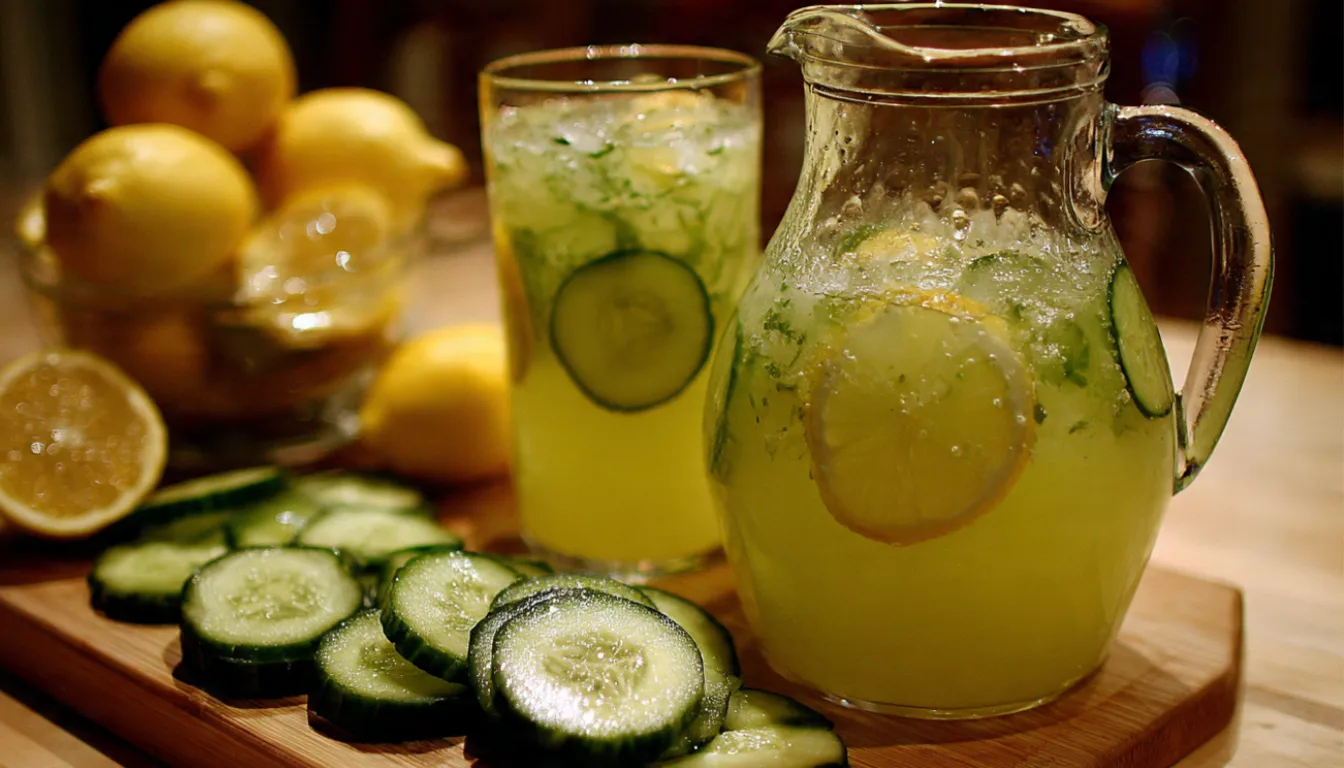 Fresh cucumber lemonade in glass pitcher with ice, mint garnish, and cucumber slices on marble counter