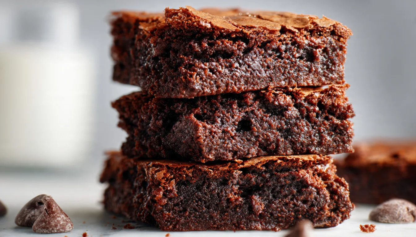 Stack of homemade fudgy chocolate brownies with crackly tops on white marble surface