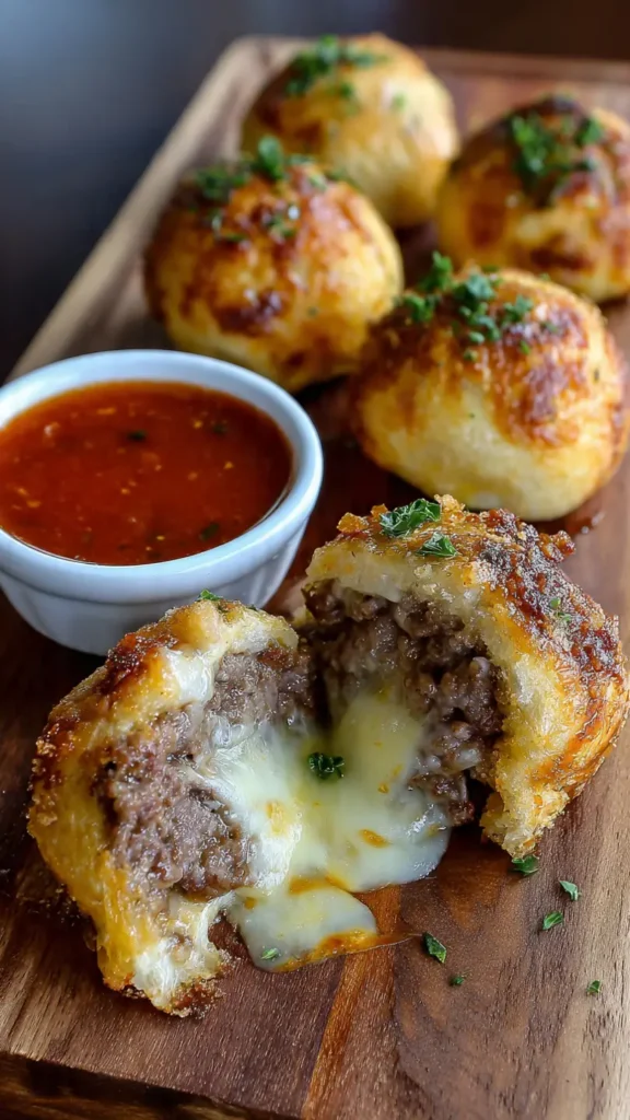 Garlic parmesan cheeseburger bombs on wooden board with melted cheese filling visible