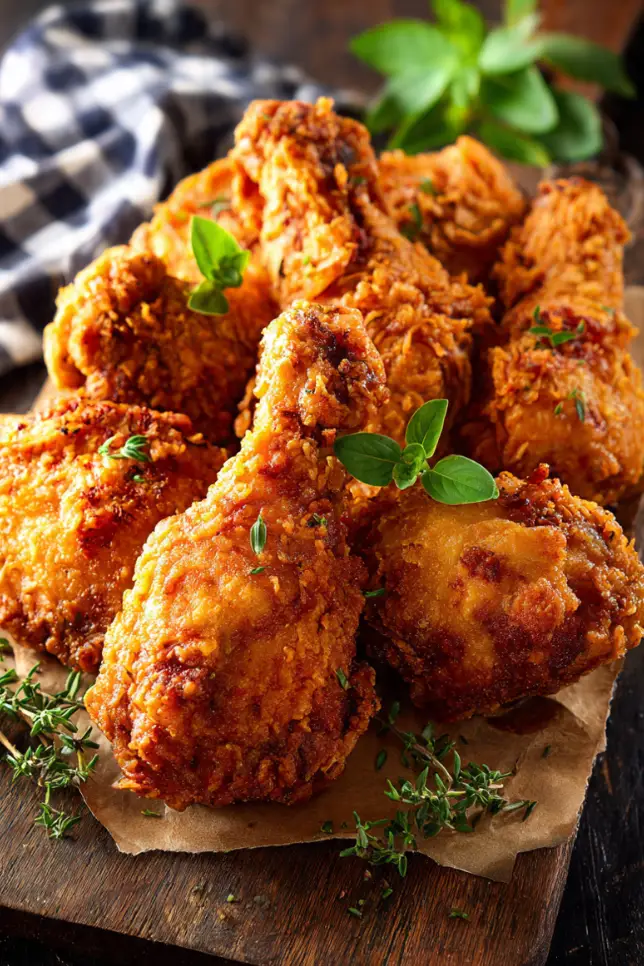 Golden crispy fried chicken with KFC-style herb and spice coating on wooden serving board