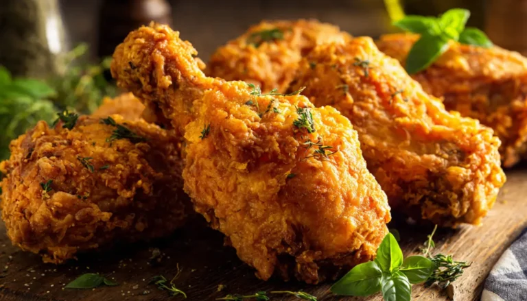 Golden crispy fried chicken with KFC-style herb and spice coating on wooden serving board