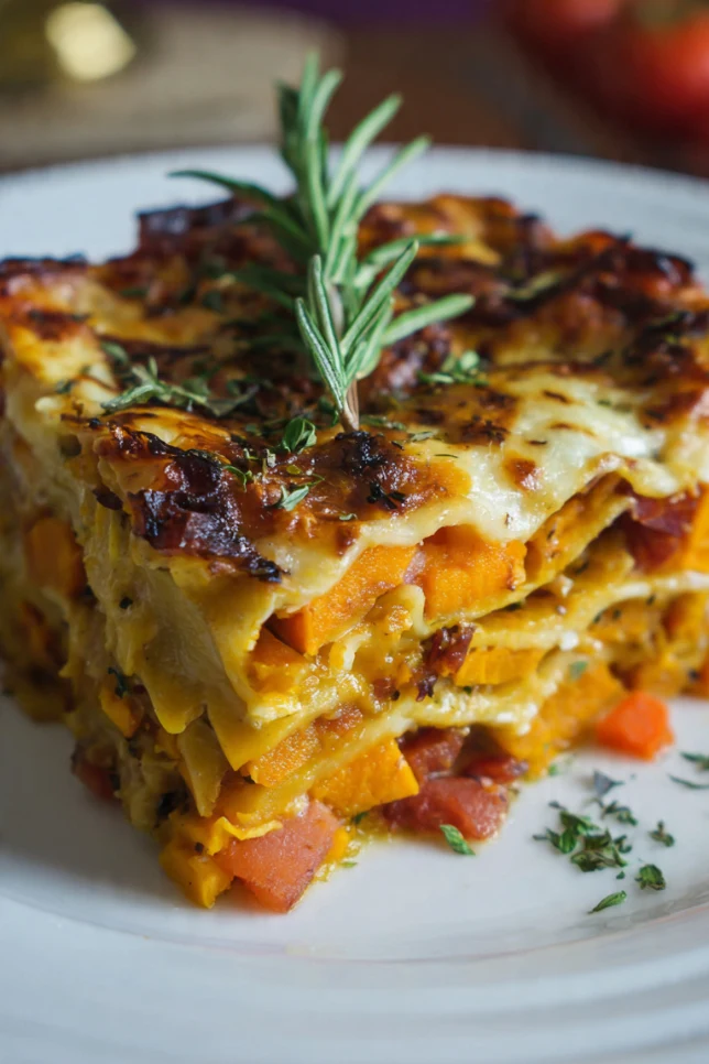 Layered sweet potato butternut squash carrot lasagna in baking dish showing colorful vegetable layers with creamy cashew sauce