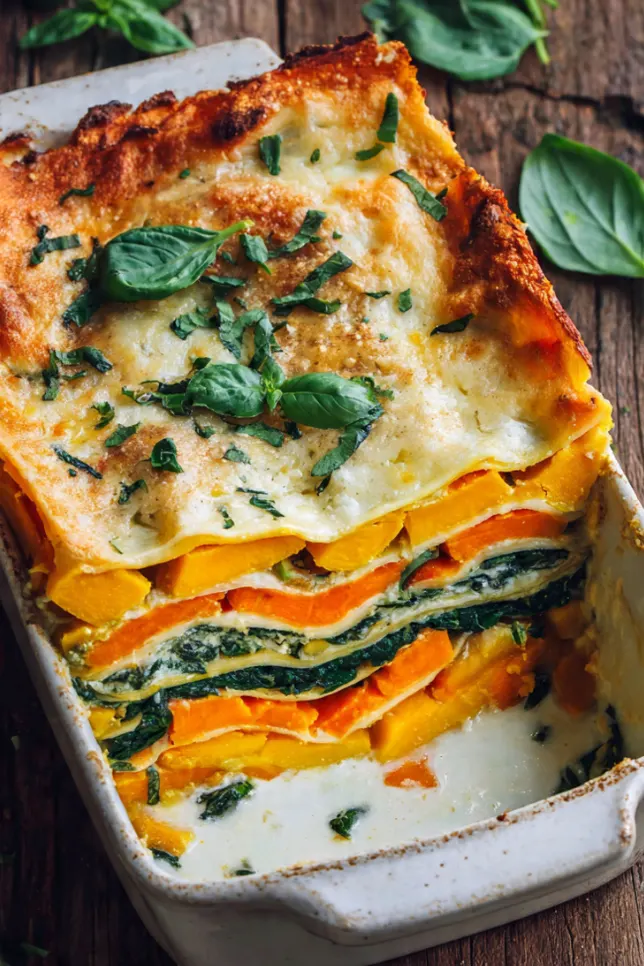 Layered sweet potato butternut squash carrot lasagna in baking dish showing colorful vegetable layers with creamy cashew sauce