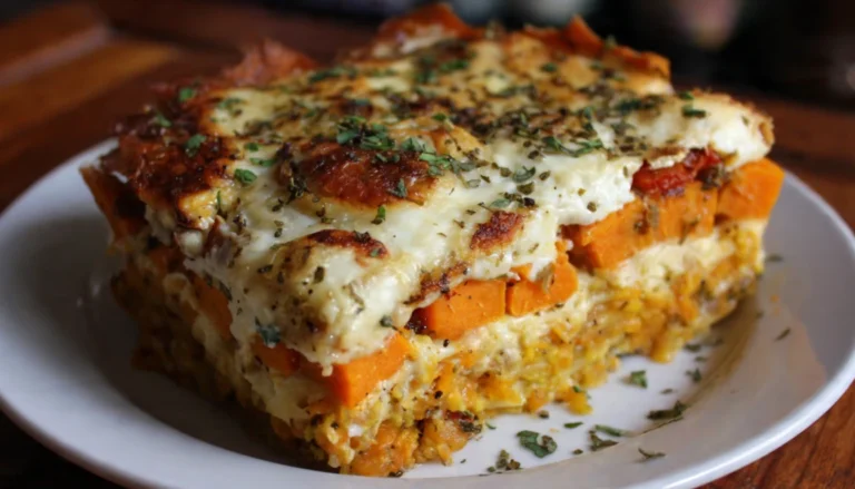 Layered sweet potato butternut squash carrot lasagna in baking dish showing colorful vegetable layers with creamy cashew sauce