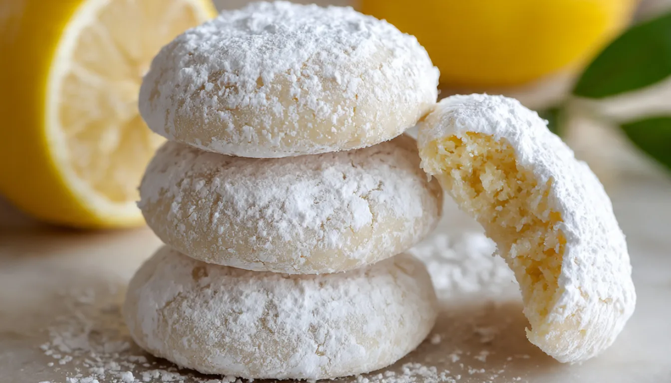 Powdered sugar-coated lemon meltaway cookies stacked on white plate with fresh lemons