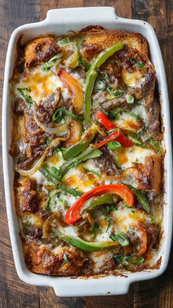 Philly cheesesteak casserole in a baking dish with melted cheese and caramelized vegetables on a wooden table