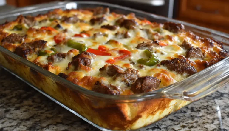 Philly cheesesteak casserole in a baking dish with melted cheese and caramelized vegetables on a wooden table