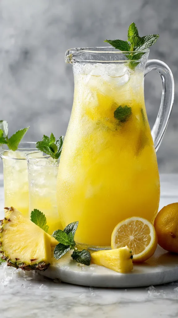 Glass pitcher of homemade pineapple lemonade with fresh lemons and pineapple slices on marble countertop