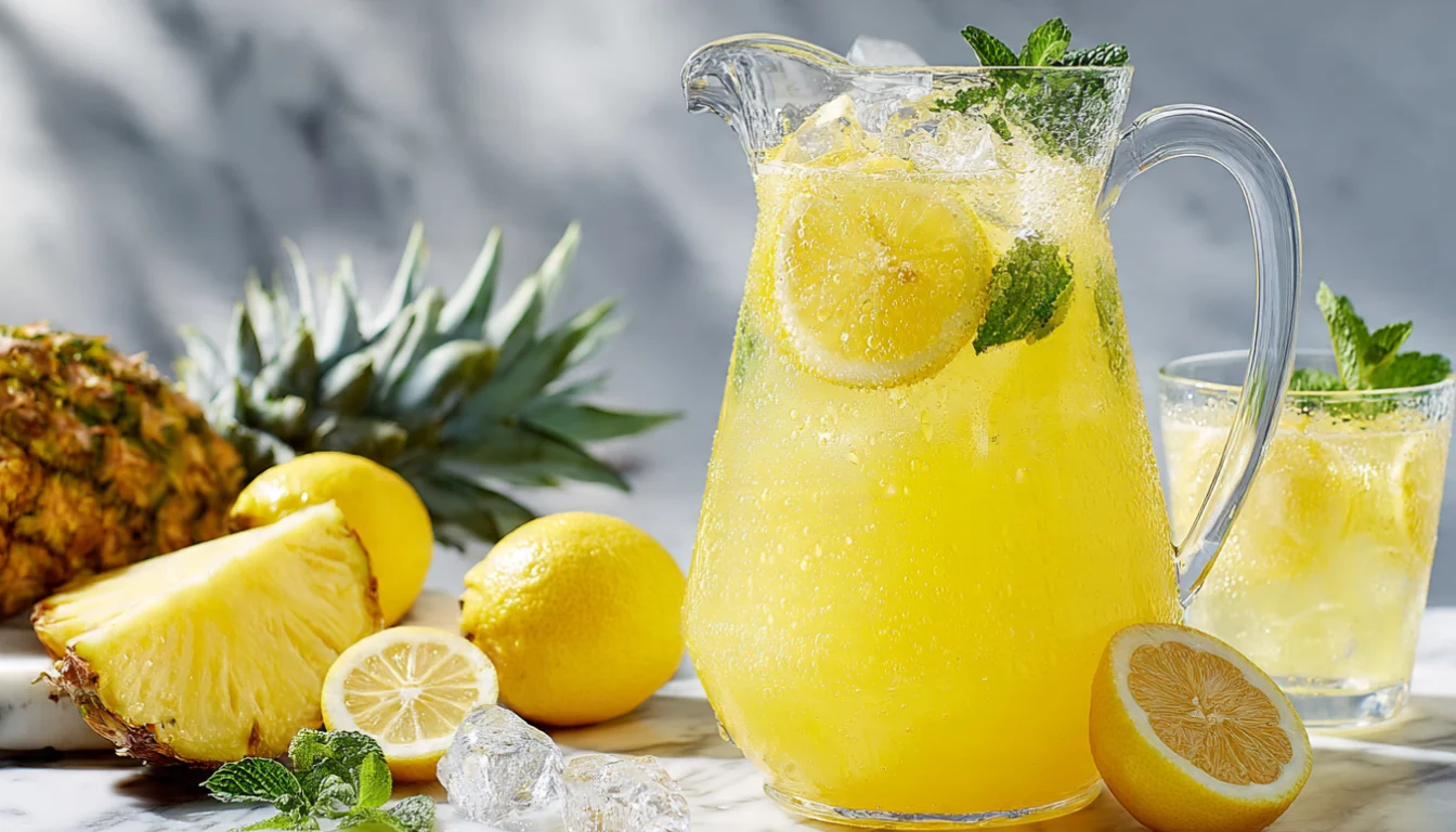 Glass pitcher of homemade pineapple lemonade with fresh lemons and pineapple slices on marble countertop