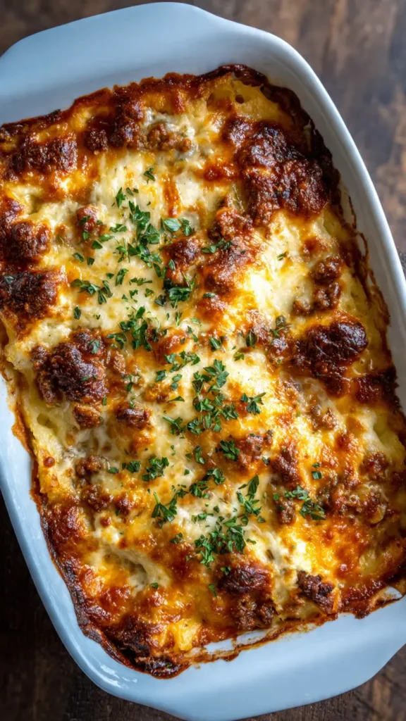 Poor Man's Husband Casserole with melted cheddar cheese, egg noodles, and ground beef in glass baking dish