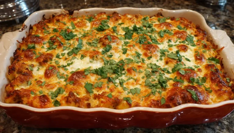 Poor Man's Husband Casserole with melted cheddar cheese, egg noodles, and ground beef in glass baking dish