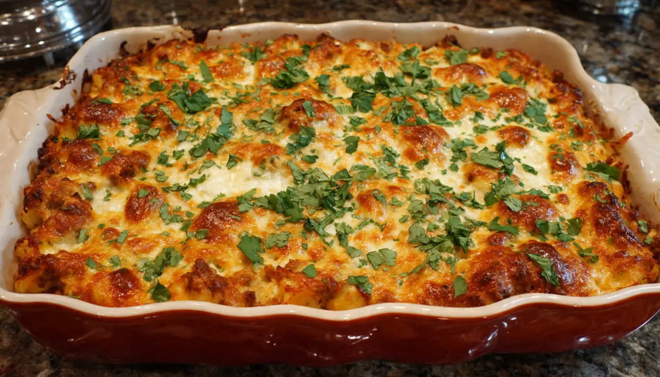 Poor Man's Husband Casserole with melted cheddar cheese, egg noodles, and ground beef in glass baking dish