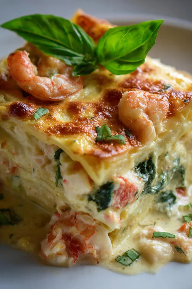 Baked seafood lasagna with golden melted cheese, shrimp, and crab in white baking dish