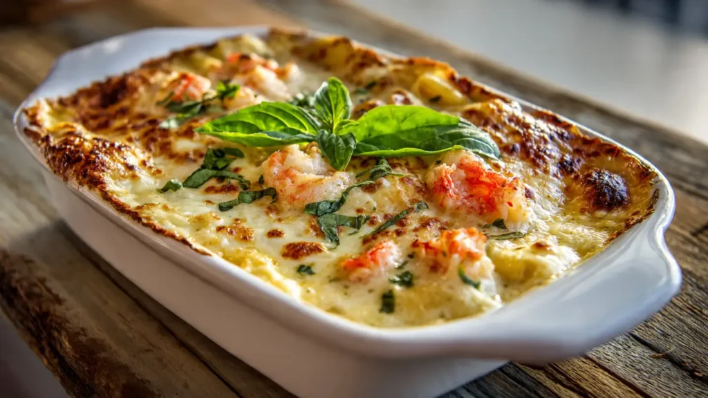 Baked seafood lasagna with golden melted cheese, shrimp, and crab in white baking dish